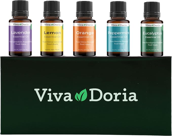 Viva Doria Top 5 Essential Oils Set - Food Grade | 100% Pure & Natural | Aromatherapy, Candle Making | Peppermint, Eucalyptus, Lavender, Lemon & Orange Oils