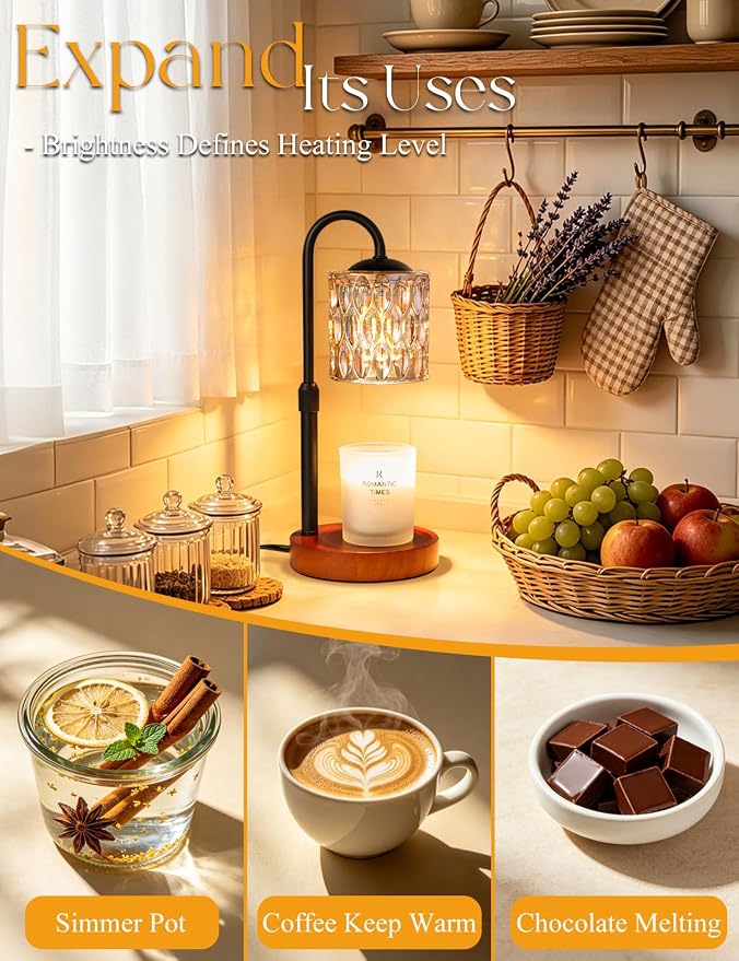 Briever Dimmable Candle Warmer Lamp with Timer, Height Adjustable Electric Candle Wax Warmer, Birthday Gifts for Women Mom, House Warming Gifts New Home Decor, Solid Wood Base, Walnut Champagne