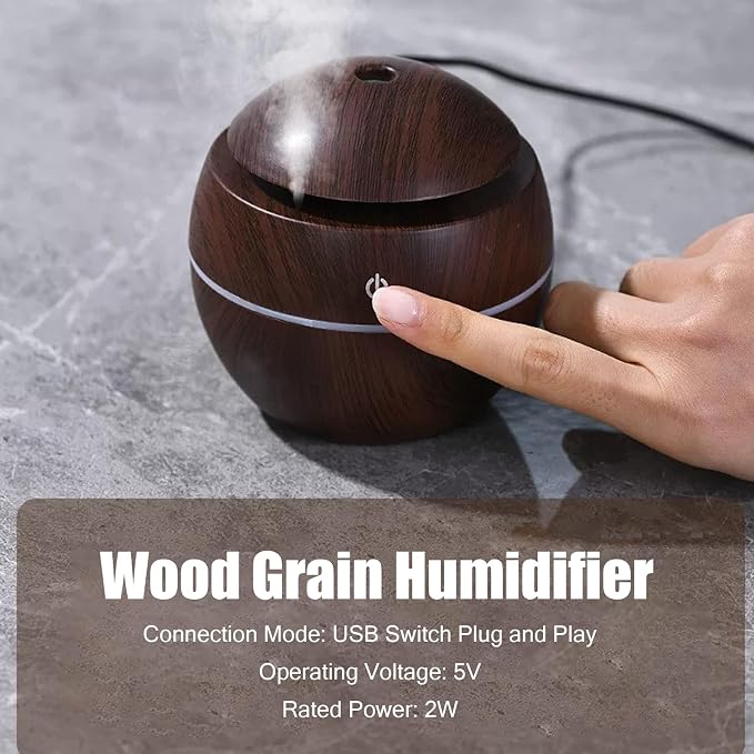 Wood Grain Humidifier, Portable Mini Humidifier Compact Portable 5V 2W USB Aroma Diffuser Quiet Essential Oil Diffuser for Bedrooms Living Rooms Office Car