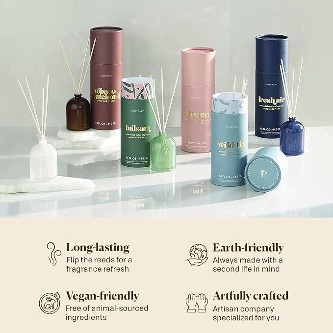 Paddywax Petite Reed Diffuser Set with Wooden Reeds, 720 Hour Long Lasting Home Fragrance Oil Diffuser, Decorative Milky Glass Bottle, Wild Fig Scent, Sky Blue, 1.5 oz