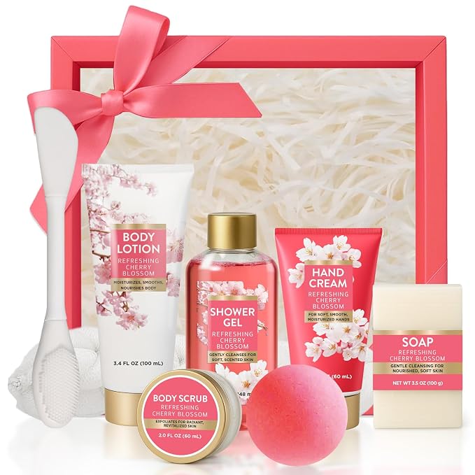 Spa 8pcs Bath Set for Women Cherry Blossoms | Bath Set with Face Mask Brush, Loofah, Gifts for Her