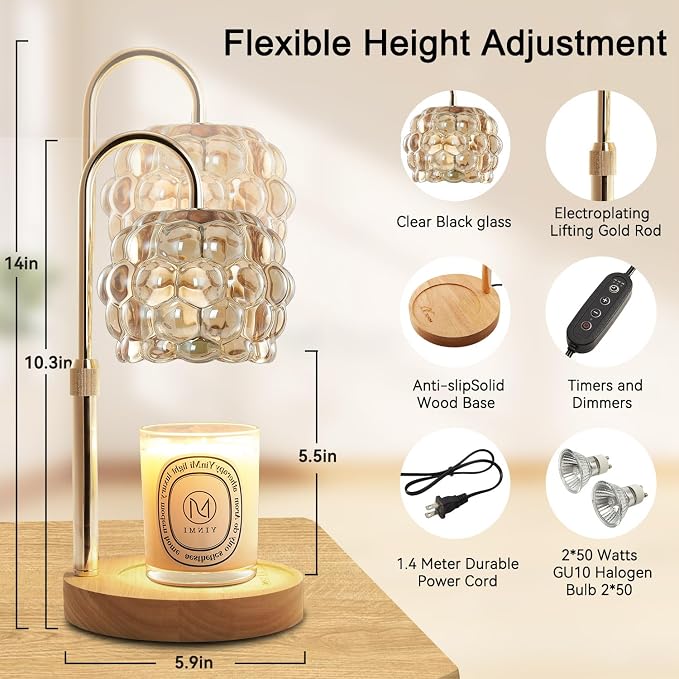 Candle Warmer Lamp with Timer Adjustable - Height Candle Warmer, Dimmer, Vintage Glass Wax Melting Lamps for Home Decor, for Candles in Jars with 2 Bulbs, Champagne Gold
