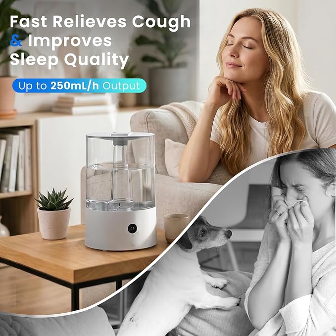 COWSAR Humidifier for Bedroom, 4L Top Fill Humidifier for Large Rooms, Easy Refill & Cleaning, Quiet 22dB, Baby Humidifier, Humidity Display, Up to 40H Runtime, Nightlight, Auto Shut-Off, White