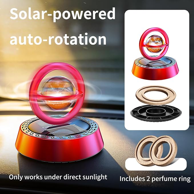 Kwak’s Solar-Powered Rotating Car Aromatherapy Auto-Spinning Ornament with Refillable Scent Pad, Subtle Ocean Fragrance, Ideal Gift for Men Women Dad Husband for Dashboard (Red-1)