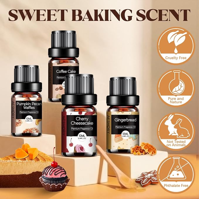 Bakery Essential Oils Set - Fragrance Oil for Diffusers for Home, Candle Making - Pumpkin Pie, Coffee Cake, Gingerbread, Cherry Cheesecake Aromatherapy Scented Oils (6x10ML)