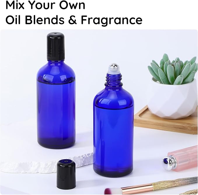 Segbeauty 3.4oz Thick Glass Roller Bottles for Essential Oils, 5pcs Blue Empty Rollerball Bottles for Oil, 100ml Refillable Roller Ball Applicator for Perfume Oil Eye Essence, Glass Roll On Bottle
