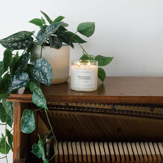 Calyan Wax Co. Mahogany & Cashmere 2 Wick Scented Candle - 37 Hour Burn - Luxury Clean Soy Wax Candles - Long Lasting Large Glass Jar Candle for Home - 8.8oz
