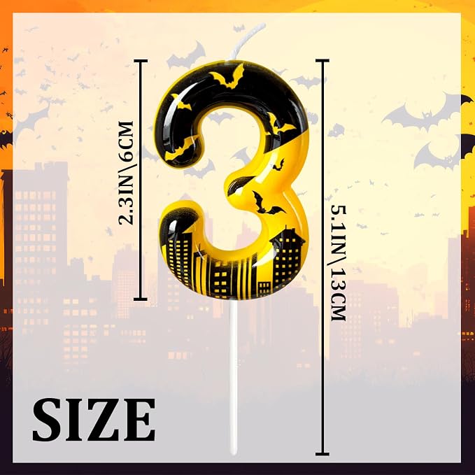 Black Yellow Number 3 Birthday Candle for Cake – Dark Night Hero Style with Bat & City Silhouette Design – Unique Cake Topper for Birthday, Anniversary, Themed Party Decoration