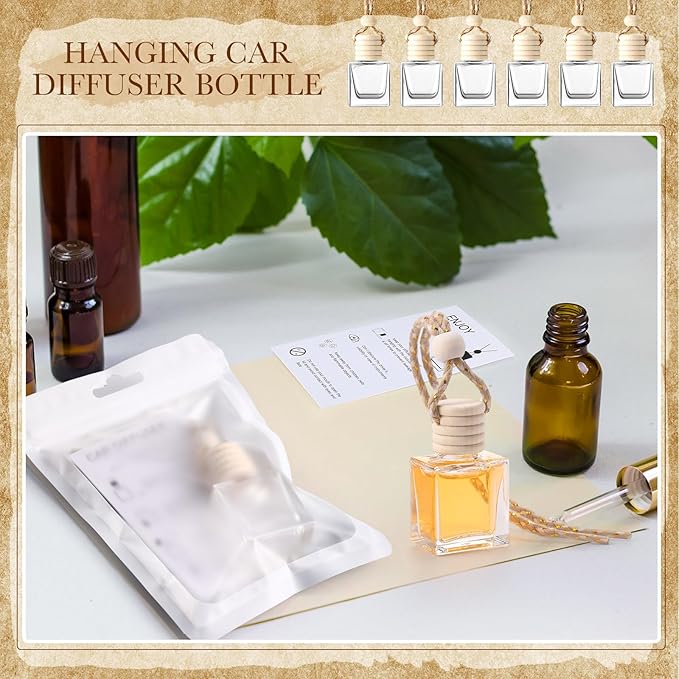 Boao 150 Sets Hanging Car Air Freshener Diffuser Bottles with Instruction Card and 4 x 6'' Resealable Holographic Bag for Empty Car Essential Oil Perfume Bottles Packaging (Cube)