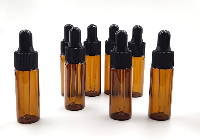 15Pcs 5ml Empty Tiny Amber Glass Mini Dropper Bottles for Essential Oils, Fragrances, and Other Liquids, with Dropper and Black Caps Travel Sample Vials