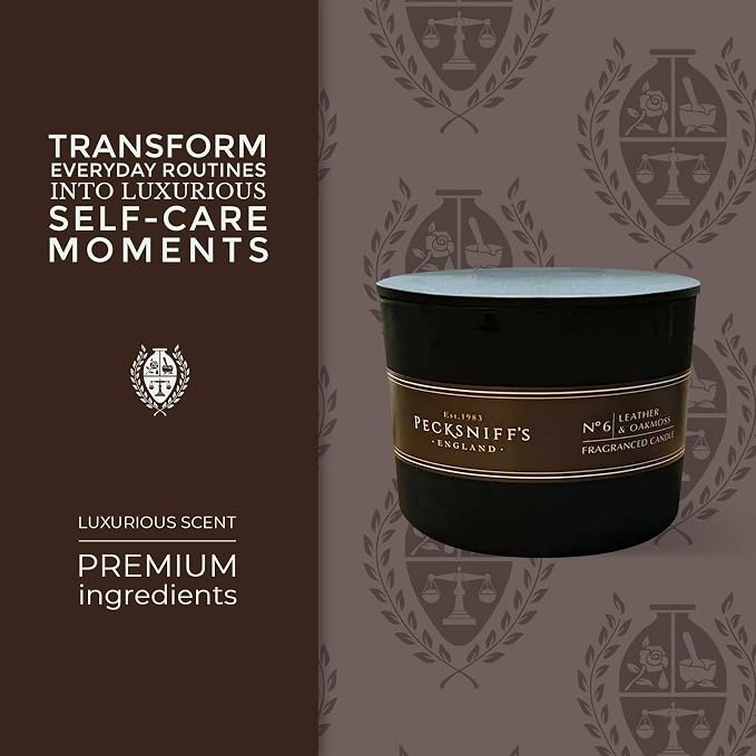Pecksniffs Black Tall Leather & Oakmoss Scented Candle | 3 Wicks, 283g/9.9oz