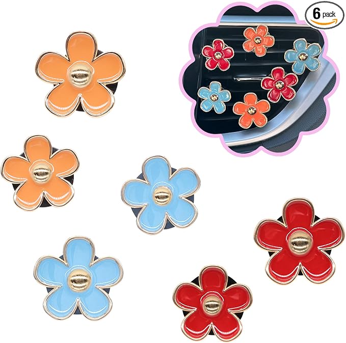ORIESSE 6pcs Flower Air Vent Clips Car Air Freshener,Red Orange Blue Daisy Flowers Vent Clip Car Accessories for Women,Girly Car Decor Refillable Car Diffuser