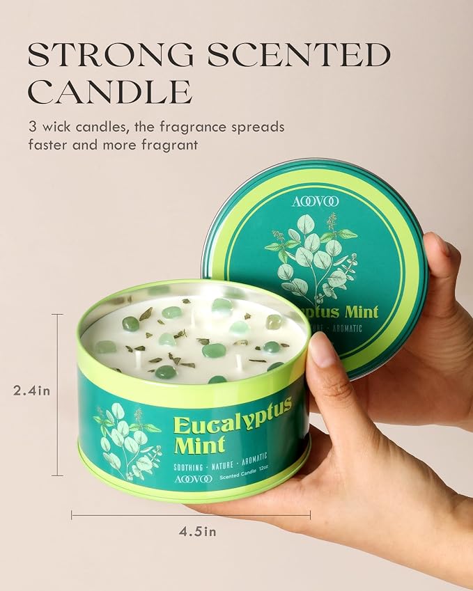 AOOVOO Eucalyptus Mint Candle for Relaxation - 3 Wick 12oz Large Scented Candle with Green Aventurine & Eucalyptus Leaves Inside, Soy Candles Non Toxic for Meditation, Stress Relief, Energy Cleansing