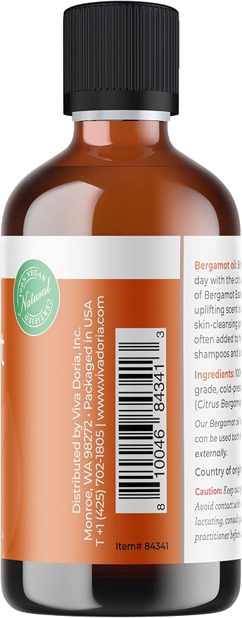 Viva Doria Bergamot Essential Oil, 100% Pure, Natural, Italian Bergamot Essential Oil, Undiluted, for Aromatherapy | Food Grade, 118 mL (4 Fluid Ounce)