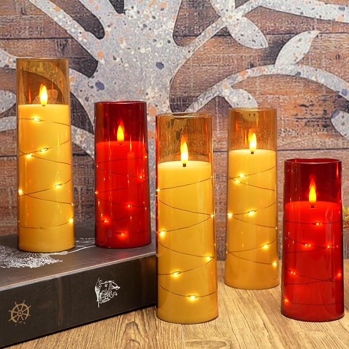 Eebuss Flameless Candles with Embedded Star String, Battery Operated LED Pillar Candles with Timer and Remote Control,Home Decorating for Ambiance， Set of 7 (Gold)
