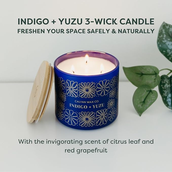 Calyan Wax Co. Indigo & Yuzu 3 Wick Scented Candle - 43 Hour Burn - Luxury 3 Wick Soy Candles - Clean Soy Wax Candles - Long Lasting Large Glass Jar Candle for Home - 14.9oz