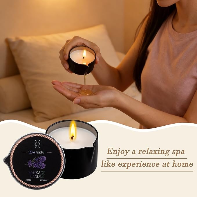 6 Pack Low Temperature Massage Oil Candle Set - Soy Wax that Melts Into Skin Nourishing Body Oil Massage Candle for Home Spa, Massage Therapy, Relaxation - Natural- 2.35 oz Each