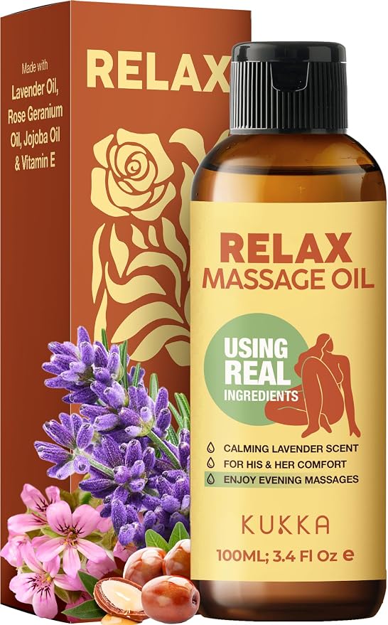KUKKA Relax Massage Oil - 3.38 Fl Oz - Enhances Relaxation and Comfort for Bliss - Lavender Massage Oil for Massages Deepens Connections for Moments of Comfort - Natural Ingredients and Non-Greasy