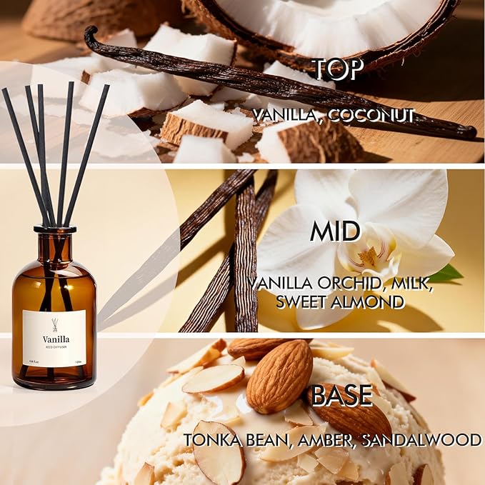 Reed Diffuser Set, 8.12 fl.oz Vanilla Oil Diffuser with 10 Sticks, Home Fragrance Reed Diffuser for Bathroom Shelf Decor & Air Fresheners, Up to 120 Days, 2 Pack