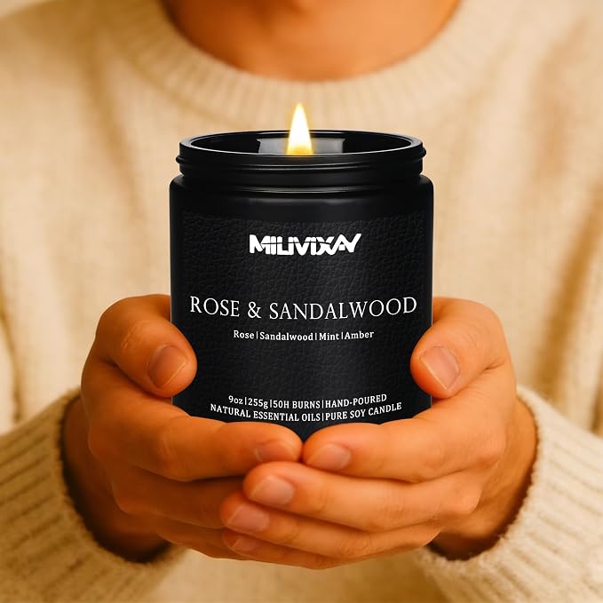 MILIVIXAY Candle for Men Rose & Sandalwood Scented Classic 9oz Jar Single Wick Candle, Soy Wax Candle for Consistent Burn, Over 50 Hours of Burn Time, Ideal for Creating Relaxing & Holiday Gifting.