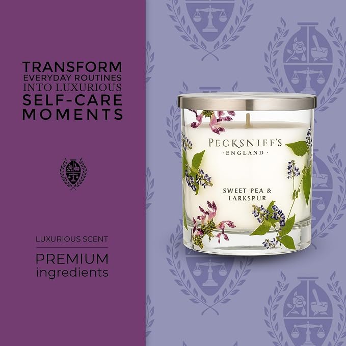 Pecksniff’s 1 Wick Candle – Sweet Pea & Lark Spur, 184 g / 6.49 oz – Long Lasting Burn, Elegant Home Decor & Relaxing Ambiance