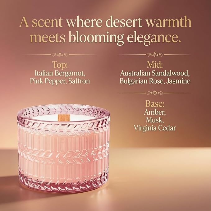Hidden Label Rose Sandalwood Candle, 7.4oz Wood Wick, Pink Jar | 55H Burn | Crackling Wood Wick | Non-Toxic Soy Wax | Romantic Pink Decor & Gift