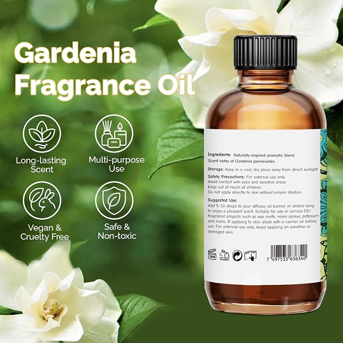 GM Gumili Gardenia Fragrance Oil 2 Oz, Natural Scent Oil for Home Essential Oils Diffuser, Candle Making, Soap Making, DIY Body Oils, Perfume, Body Mist, Spray - Floral Scent