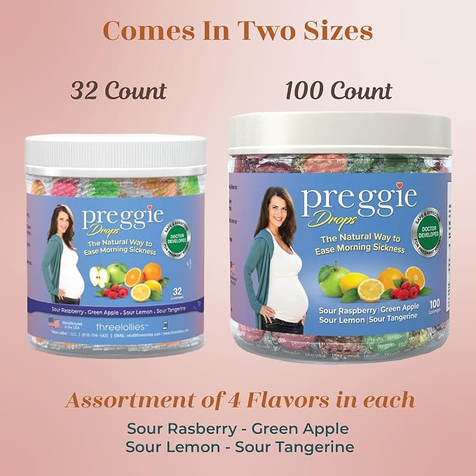 Preggie Drops Pregnancy Nausea Lozenges with Essential Oils & Fruit Extracts, Morning Queasiness Lozenges for Pregnant Women, Natural Sour Drops Variety Pack, 100 Count
