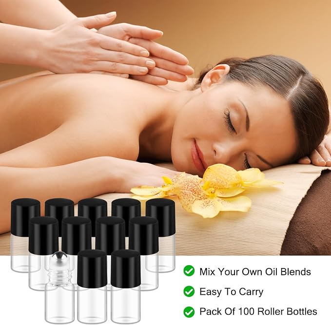 Cositina 100 Pcs Essential Oils Roller Bottles Mini Refillable Glass Perfume Bottles with Roller Balls for Home Travel - 2ml
