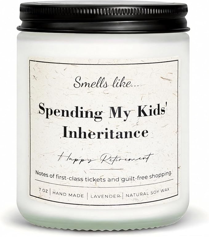 Retirement Gift for Woman, Men - Smells Like Spending My Kids' Inheritance - 7oz Lavender Scented Soy Wax Candle, Funny Retired Gifts for Women, Coworker, Boss, Teacher, Friend, Farewell Present