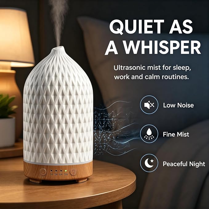200ML Ceramic Essential Oil Diffuser - Ultrasonic Aromatherapy & Humidifier with 7-Color LED Lights, Auto Shut-Off, Rhombus, 1H/3H/6H Timer | Scent for Home,Office,Yoga