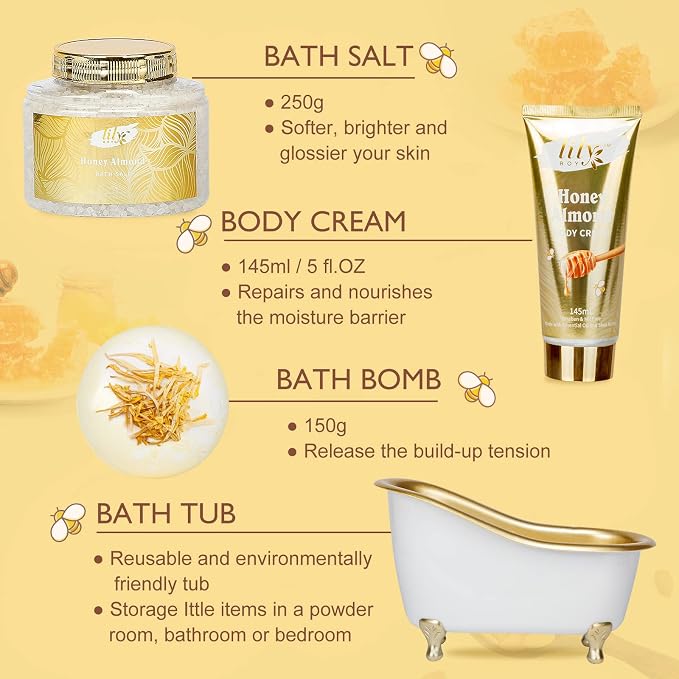 Honey Almond Spa Gifts Bath Kit - 7Pcs Moisturizing Spa Set for Women & Men