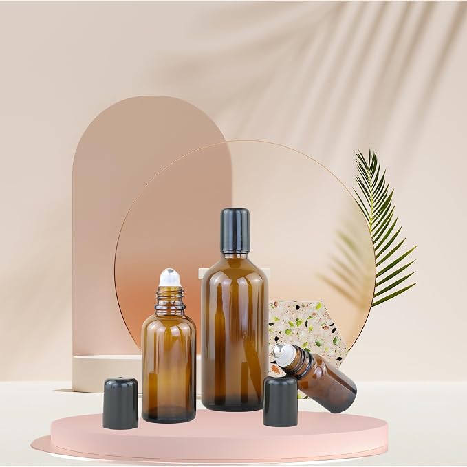 4 Pack 30mL Amber Glass Essential Oil Roller Bottles,Refillable Massage Roll on Bottles with Stainless Steel Roller Balls,Empty Travel Roller Containers for Sample Perfumes Lip Balms Aromatherapy