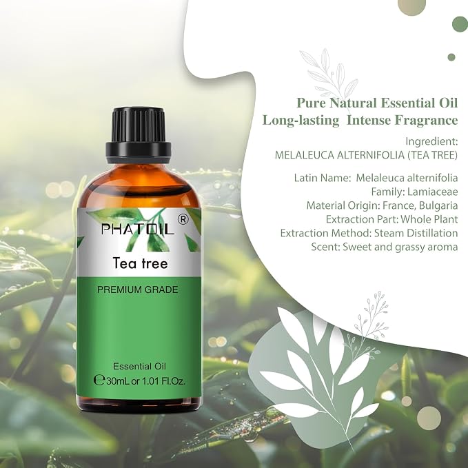 PHATOIL 1.01FL.Oz Tea Tree Essential Oil, for Aromatherapy Diffusers, Humidifiers, Great for DIY Candle and Soap Making, Gift for Friend(30ML)