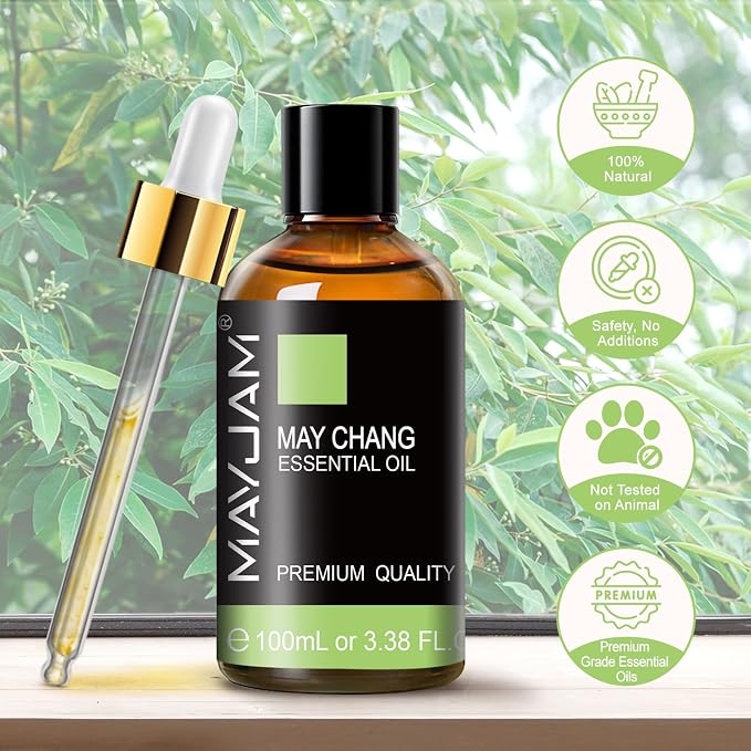 MAYJAM May Chang (Litsea Cubeba) Essential Oils 3.38 FL.OZ Pure May Chang Oil for Massage Skin Care Hair Care Diffuser Candle and Soap Making - 100ml