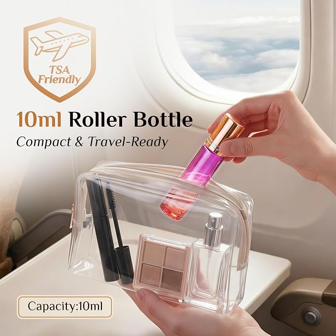 PrettyCare 4 Pack, 10 ml Essential Oil Roller Bottles with Stainless Steel Roller Ball - Refillable Leak-proof Empty Thick Red & Purple Glass Roll on Bottles with Golden Caps for Travel, Perfume