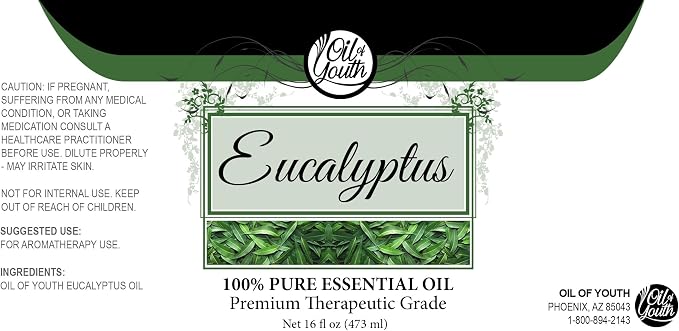 Oil of Youth Eucalyptus Essential Oil 16oz Large Bottle for Diffusers Aromatherapy and Home Use