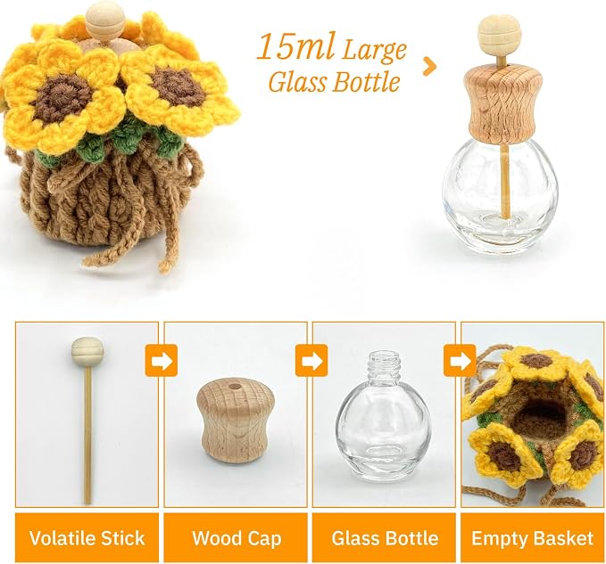 Crochet Car Air Freshener, 15ml Empty Refillable Oil Diffuser Bottle with Hanging Crochet Sunflower for Car Rearview Mirror Decor Air Freshener Diffuser for Home, and Office Decor(Sunflower)