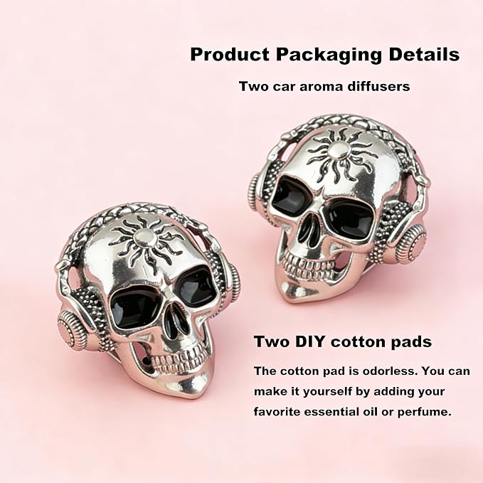 Gothic Skull Car Air Freshener Vent Clips with 2 Pads, Halloween Scented Car Accessories for Men Women, Automotive Interior Decor and Cool Car Fresheners for Men， Spooky Gift Idea-A8