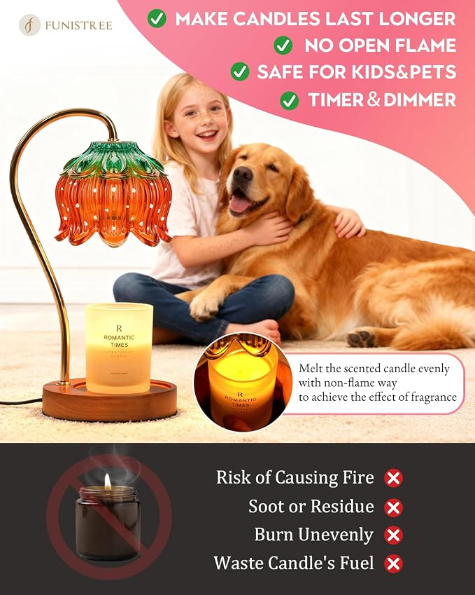 Funistree Flower Candle Warmer Lamp with Timer, Dimmable Candle Lamp Warmer, Christmas Birthday Gifts for Women Mom Her, Housewarming Home Decor, Lotus Wax Warmer for Yankee - Strawberry 10 Inch