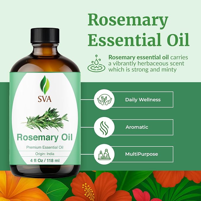 SVA Rosemary Essential Oil – 4 Fl Oz - for Diffuser, Skin & Hair Care – Ideal for Aroma, Massage & DIY Blends– with Dropper