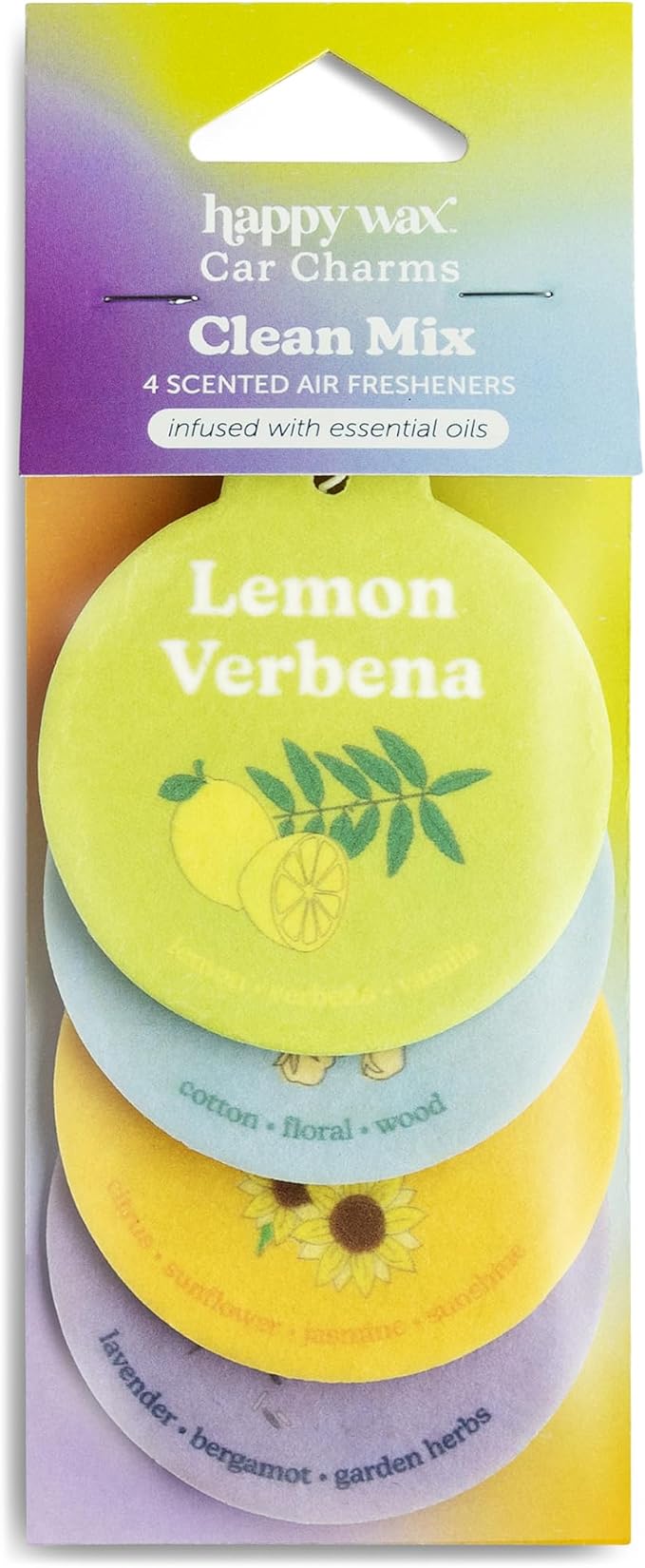 Happy Wax Clean Mix Car Charms 4-Pack Included Scents: Lemon Verbena, Fresh Cotton, Happy Days, Calming Lavender