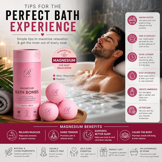 Magnesium Bath Bombs Rose Gift Set for Women & Men – Rose, Jasmine & Vanilla Essential Oils – Epsom Salt for Stress Relief, Muscle Recovery & Post-Workout Relaxation – Sleep Support Spa Self Care