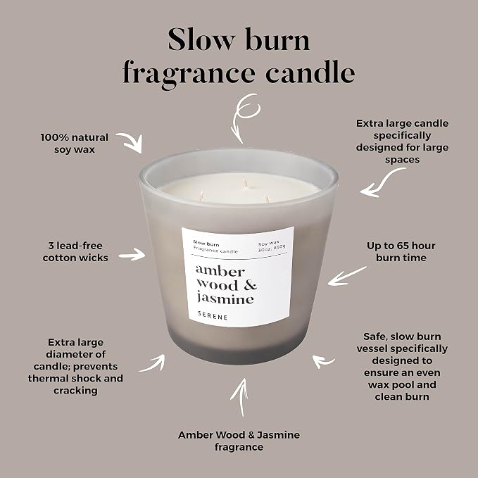 Hidden Label Amber Wood & Jasmine Scented Candle, Non Toxic 30oz Large 3-Wick Soy Wax Candle, Up to 100 Hours Slow Burn, Warm Floral Home Fragrance for Bedroom, Romance & Luxury Gift for Women