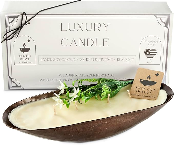 Dough Bowl Candle Co. Luxury Candle - Scented Luxury Candles for Home, 12x5x2 Inch Vessel for Women and Men, Fancy 4 Wick for All Occasions (Bronze, Honeysuckle Jasmine)