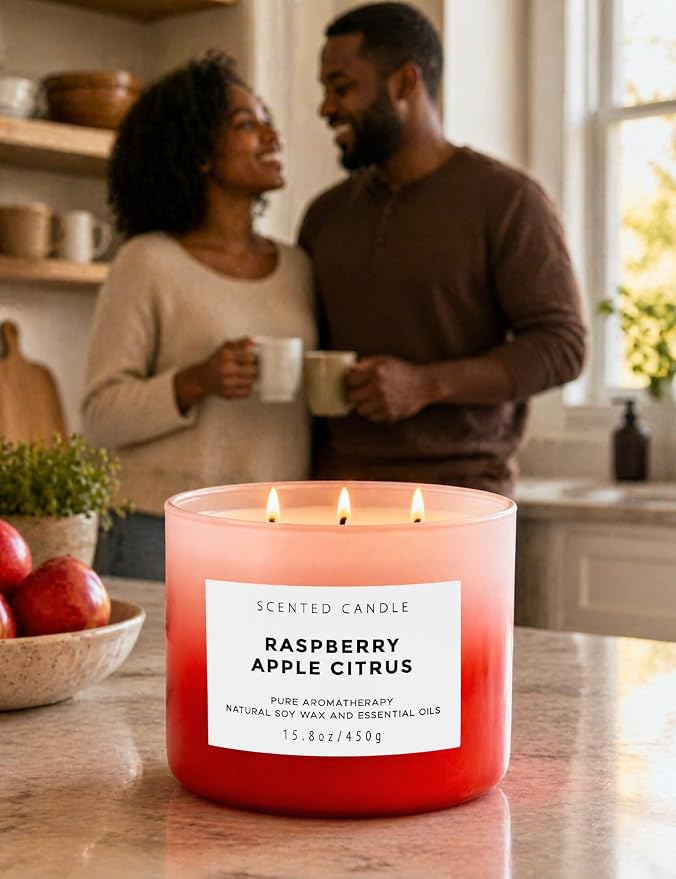 Raspberry Apple Citrus 3-Wick Soy Candle | 15.8 oz Large Scented Candle for Home | Clean Burn Long Lasting | Fruity Citrus Spice Scent | Gift Ready