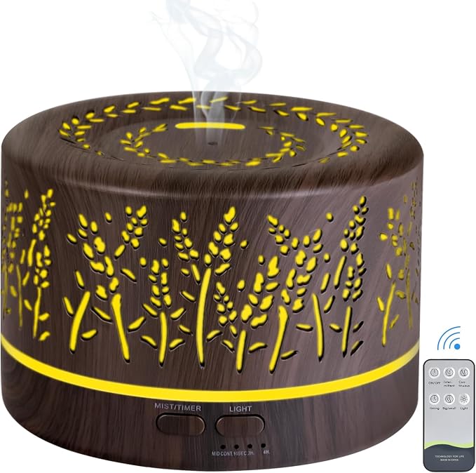 Essential Oil Aromatherapy Diffuser - 500ml Humidifier with Timer and Auto-Off Safety Switch - 7 Colors Lights - Ultrasonic Cool Mist Essential Oil Diffuser for Home Office Room (Grey)