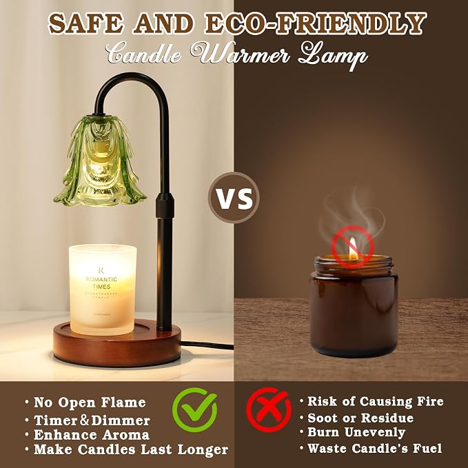 Funistree Small Candle Warmer Lamp with Timer, Adjustable Green Lamp Warmer for Jar Candles, Unique Women Gifts for Birthday, Dimmable Candle Heater, 2pcs Cute Wax Warming Light with Wood Base