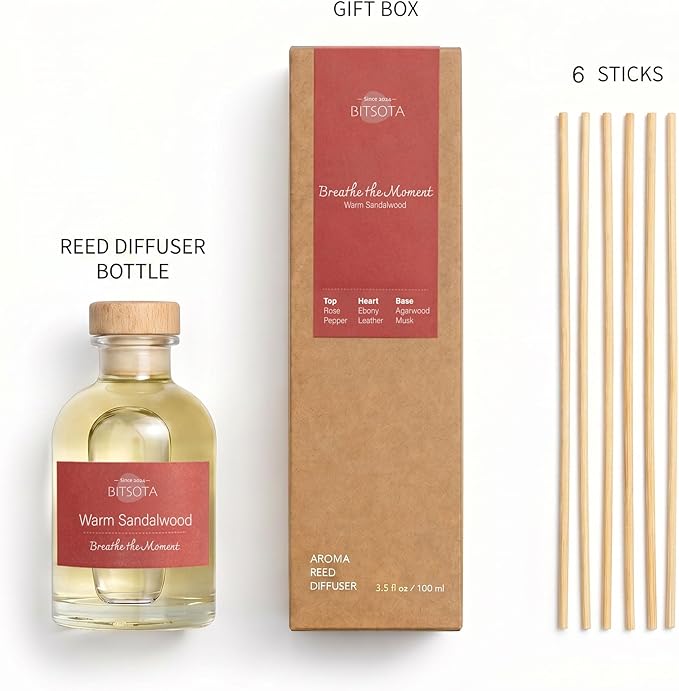 Natural Reed Diffuser Set, Warm Sandalwood 3.52 oz (100ml) Scented Diffuser with Sticks Home Fragrance Reed Diffuser for Bathroom Shelf Decor, Ideal Gift for Woman