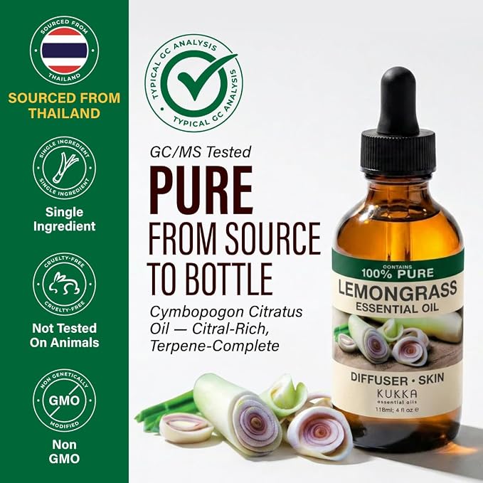 100% Pure Lemongrass Oil - 4 Fl Oz Lemongrass Essential Oil for Hair, Skin, Diffuser, Aromatherapy & DIY Soap Making Scent